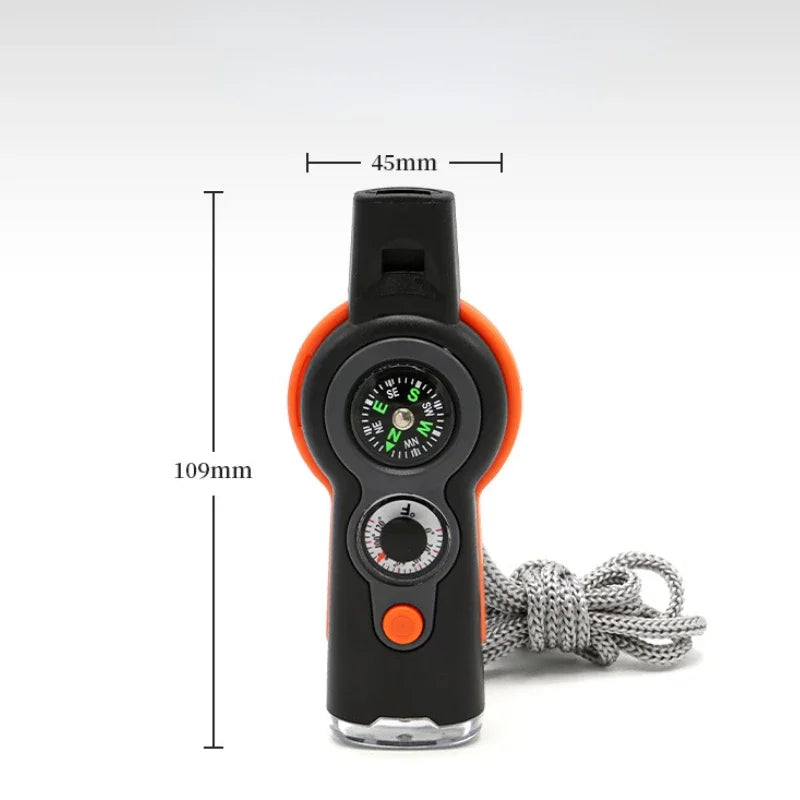 7 in 1 Whistle Outdoor Survival Emergency Tools Multifunctional LED Light Camping Hiking Whistle Compass Thermometer Magnifier