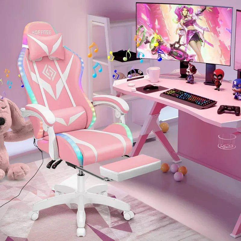 Gaming chair pink massage with Bluetooth speakers and RGB LED lights cute ergonomic computer footrest