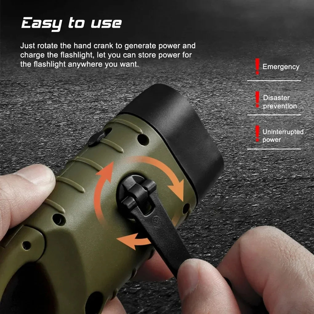 LED Flashlight Hand Crank Survival Emergency Flashlight  Charging Solar Powered Rechargeable Self Powered Charging Hiking Dynamo