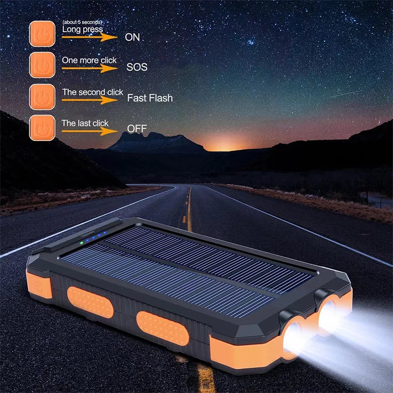 20000mAh Portable Power Bank Solar Power Bank with LED Light Fast Charging Outdoor Mobile Power Waterproof External Battery