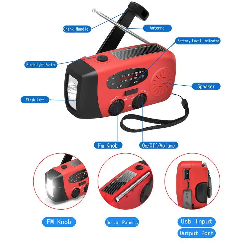 Emergency Weather Radio, Solar Hand Crank Radio With 2000mAh Rechargeable Battery, Survival Portable Radio SOS Alarm, AM/FM