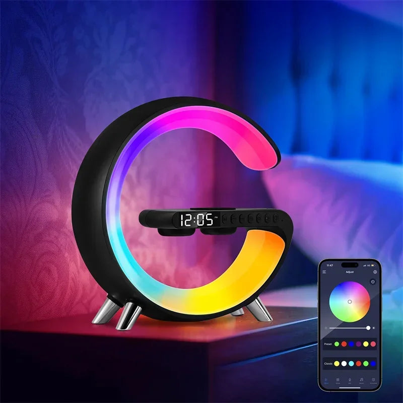 G Shaped LED Lamp Bluetooth Speakers Wireless Charger Atmosphere Lamp New Intelligent Alarm Clock Night Light For Bedroom Decor