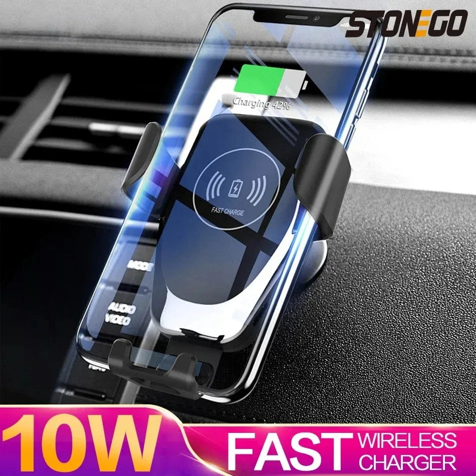 10W Qi Fast Wireless Car Charger with Auto-Clamping Mount for Windshield, Dashboard, and Vent, Convenient Phone Holder