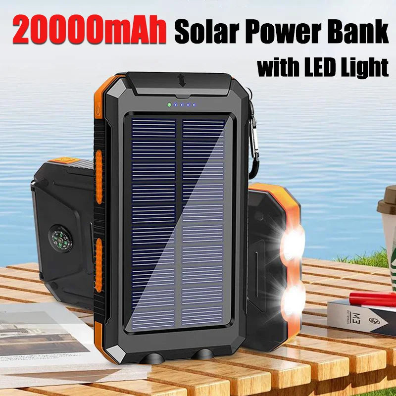 20000mAh Portable Power Bank Solar Power Bank with LED Light Fast Charging Outdoor Mobile Power Waterproof External Battery