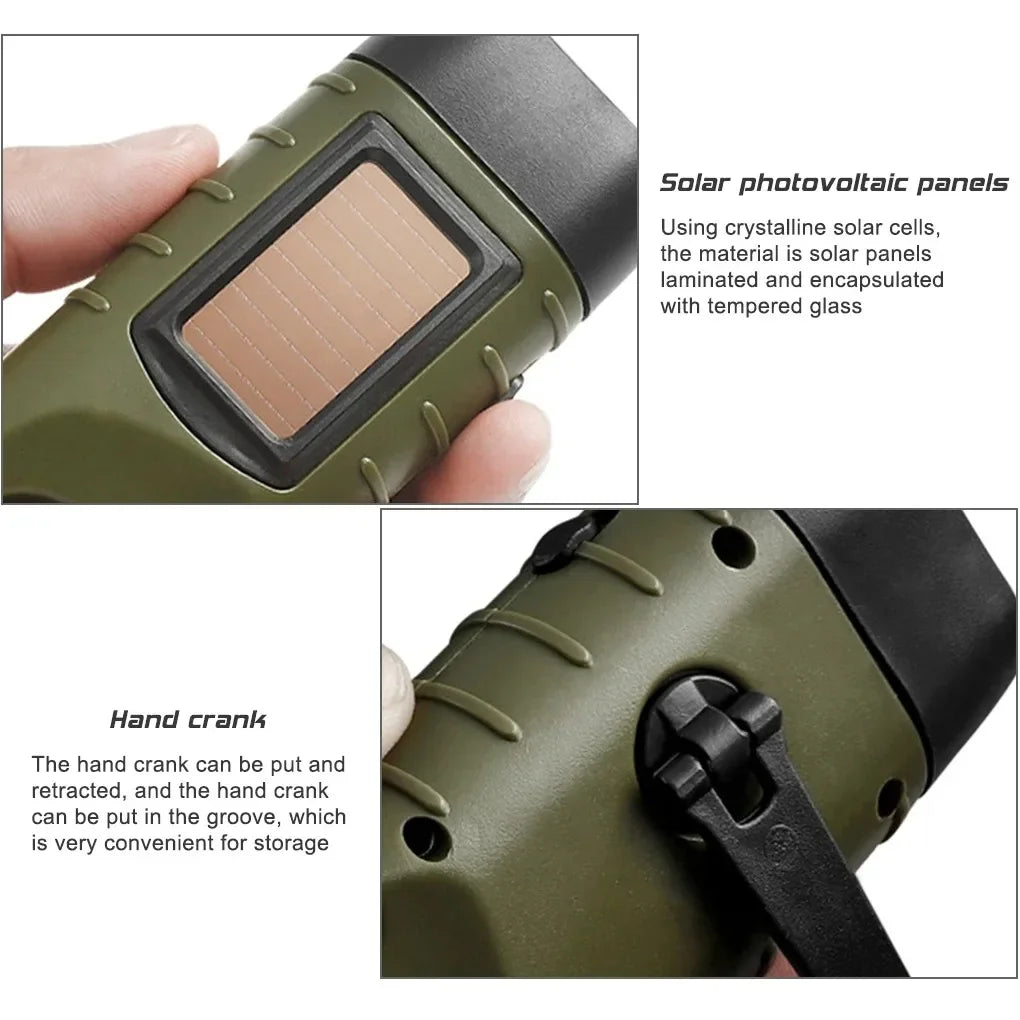 LED Flashlight Hand Crank Survival Emergency Flashlight  Charging Solar Powered Rechargeable Self Powered Charging Hiking Dynamo