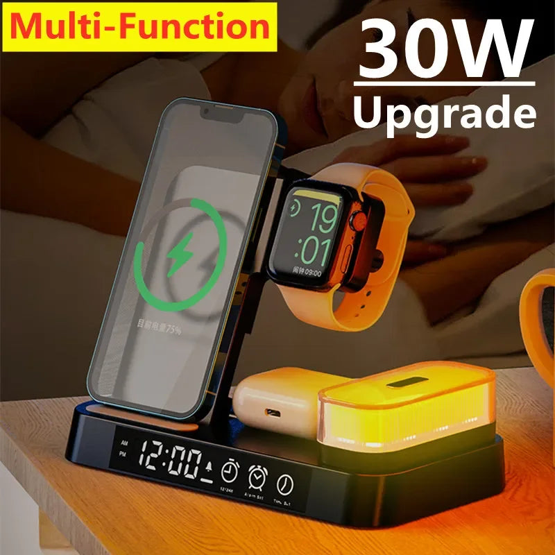 30W 3 In 1 Wireless Charger Stand Pad Alarm Clock Night Light Fast Charging Station Dock for iPhone Samsung Galaxy Watch IWatch