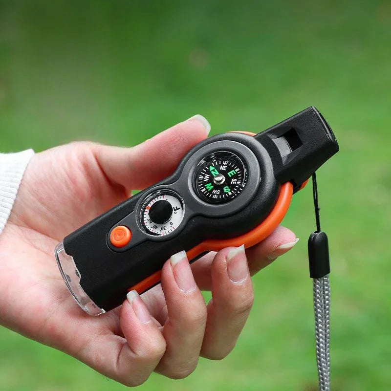 7 in 1 Whistle Outdoor Survival Emergency Tools Multifunctional LED Light Camping Hiking Whistle Compass Thermometer Magnifier