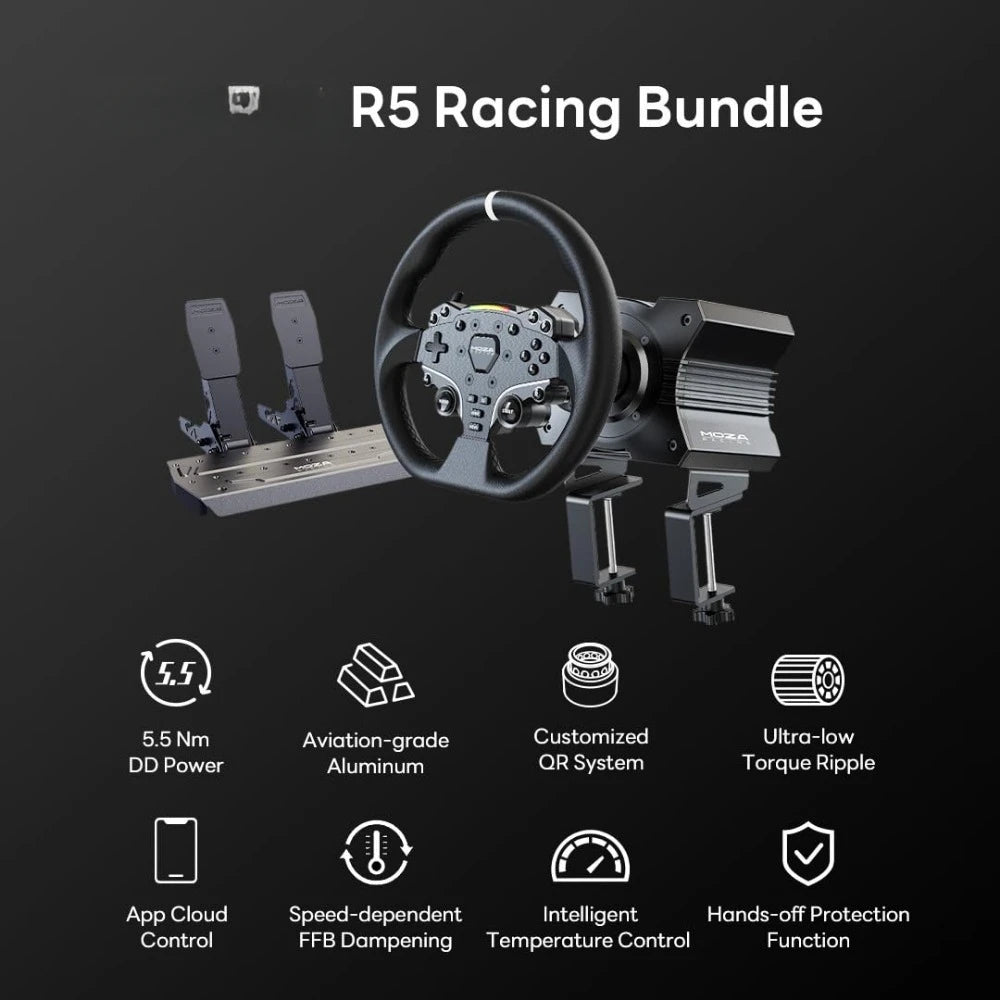 All-in-One PC Gaming Racing Simulator 3PCS Bundle: 5.5Nm Direct Drive Wheel Base, 11-inch Racing Wheel, Anti-Slip Pedals