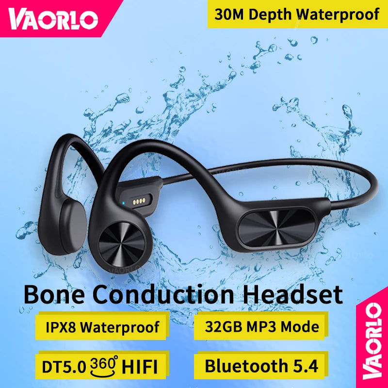 True Bone Conduction Headset IPX8 Waterproof Built-in 32GB Memory MP3 HIFI Bluetooth 5.4 Headphone With MIC For Swimming Diving