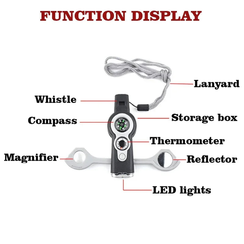 7 in 1 Whistle Outdoor Survival Emergency Tools Multifunctional LED Light Camping Hiking Whistle Compass Thermometer Magnifier