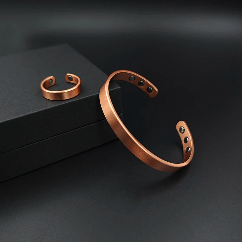 SNQB Simple Jewelry Set Pure Copper Bracelet Rings Cuff Magnetic Bangles For Women Men Arthritis Health Solid Copper Jewelry