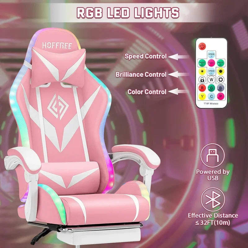 Gaming chair pink massage with Bluetooth speakers and RGB LED lights cute ergonomic computer footrest