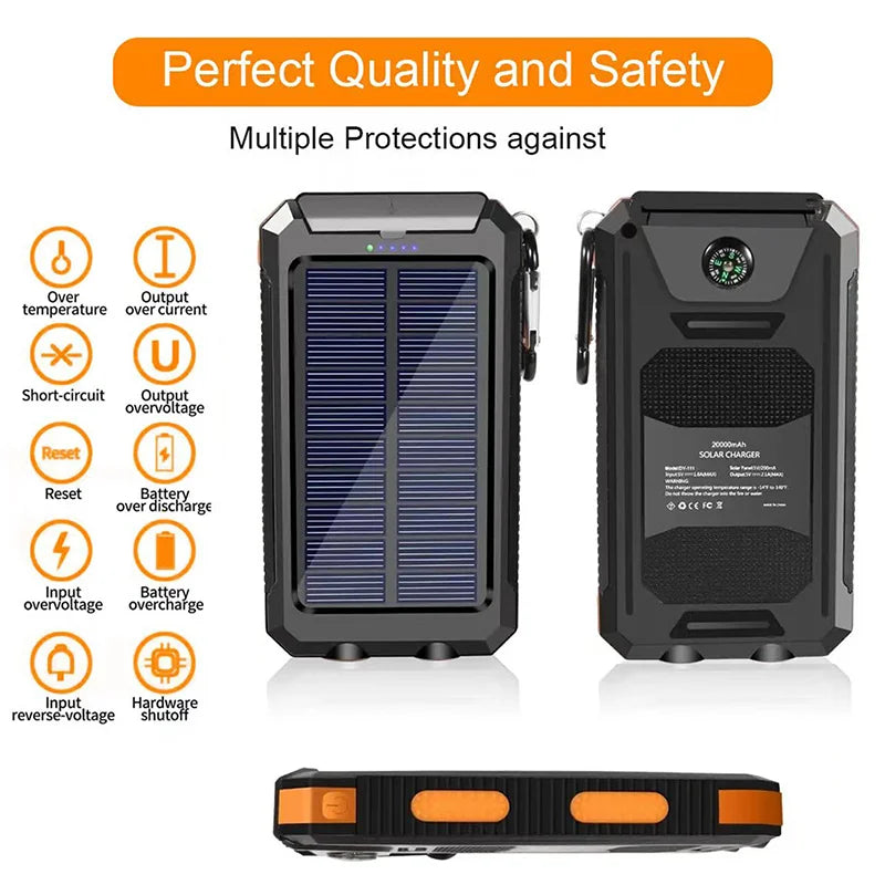 20000mAh Portable Power Bank Solar Power Bank with LED Light Fast Charging Outdoor Mobile Power Waterproof External Battery