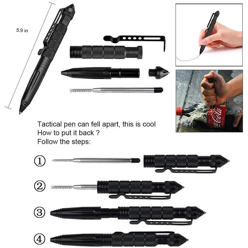 Military Tactical Pen Multifunction Aluminum Alloy Emergency Glass Breaker Pen Outdoor Camping Security Survival Tools