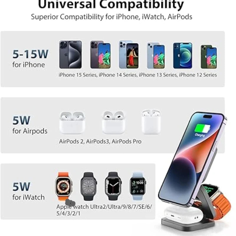 Wireless Charger 3 in 1 Foldable Magnetic Wireless Charging Station for iPhone 15 14 13 12 Pro Max Apple Watch 8 9 Charger