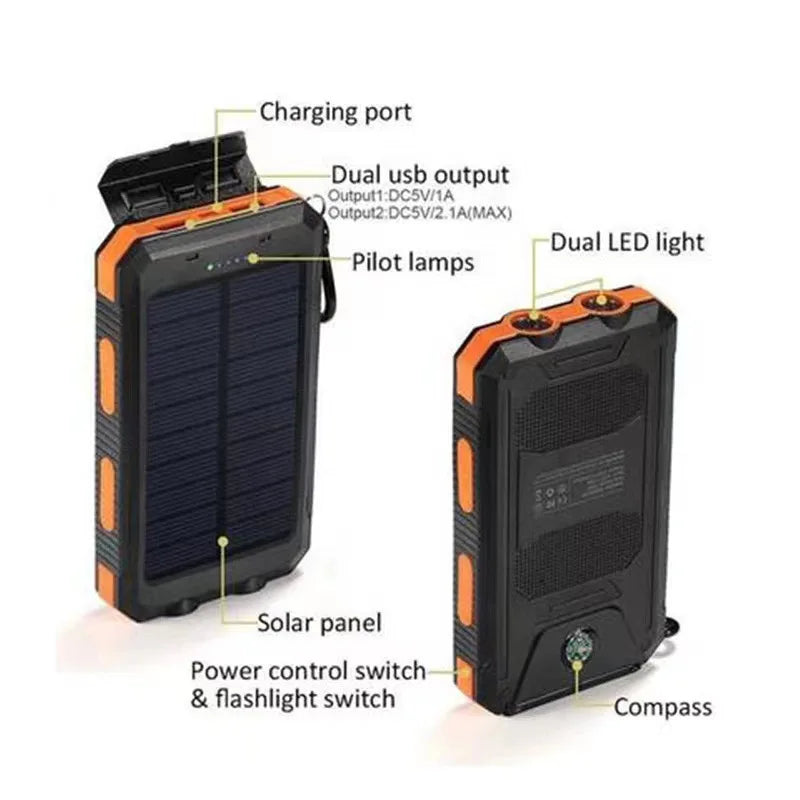 20000mAh Portable Power Bank Solar Power Bank with LED Light Fast Charging Outdoor Mobile Power Waterproof External Battery