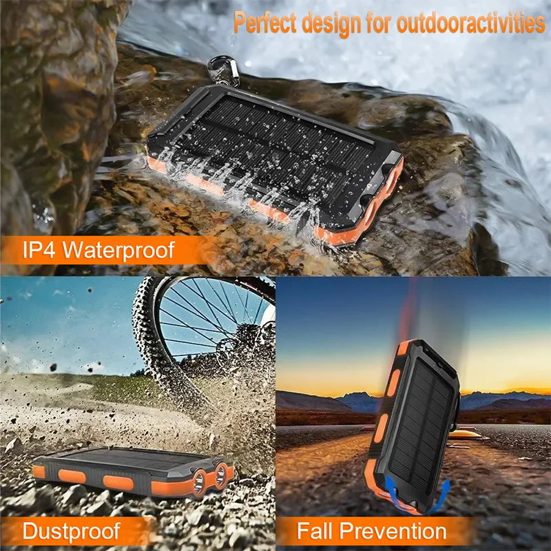 20000mAh Portable Power Bank Solar Power Bank with LED Light Fast Charging Outdoor Mobile Power Waterproof External Battery