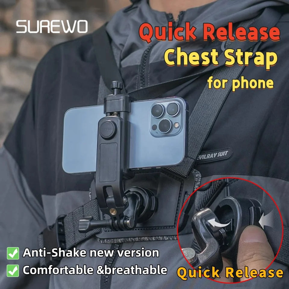 SUREWO Mobile Phone Quick Release Chest Strap Adjustable Holder Fixed Shooting Bracket Vedio Live Stream Photography Accessories