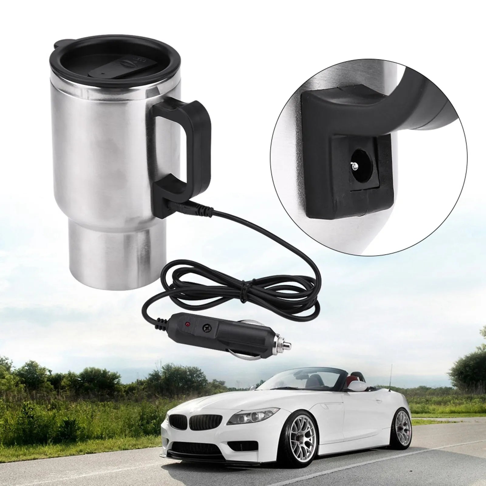 Camping Travel Kettle Water Coffee Milk Thermal Mug Vehicle Heating Cup Electric Heating Car Kettle 12V 450ml Stainless Steel