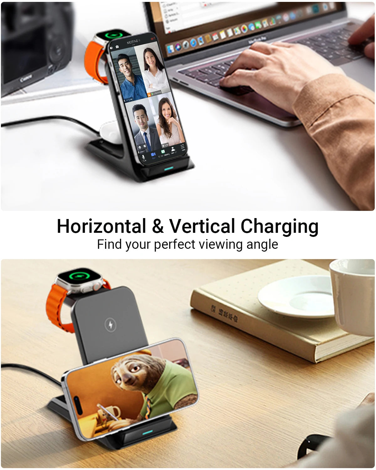 KPON 3 in 1 Wireless Charger Stand For iPhone 15/14/13/12 Pro Max15W Fast Charging Station for AppleWatch 9/8/7/6/5 Airpods 3/2