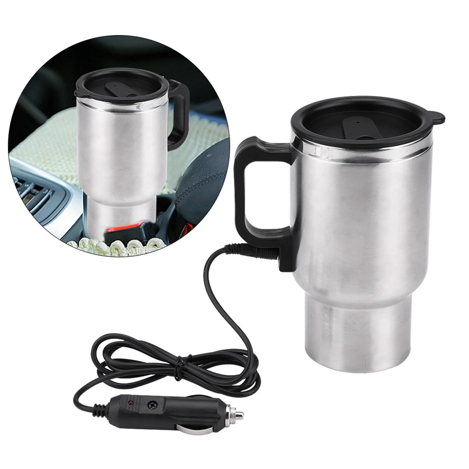 Camping Travel Kettle Water Coffee Milk Thermal Mug Vehicle Heating Cup Electric Heating Car Kettle 12V 450ml Stainless Steel