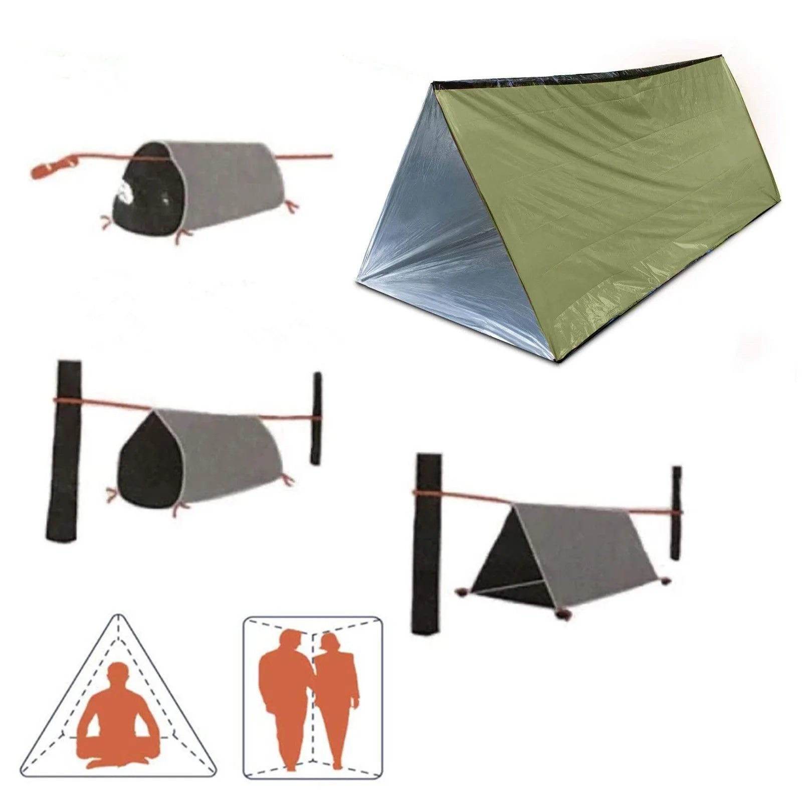 2 Person Emergency Shelter Bivy Survival Tent Kit Mylar Tube Tent Sleeping Bag Waterproof Outdoor SOS Thermal Blanket Reusable