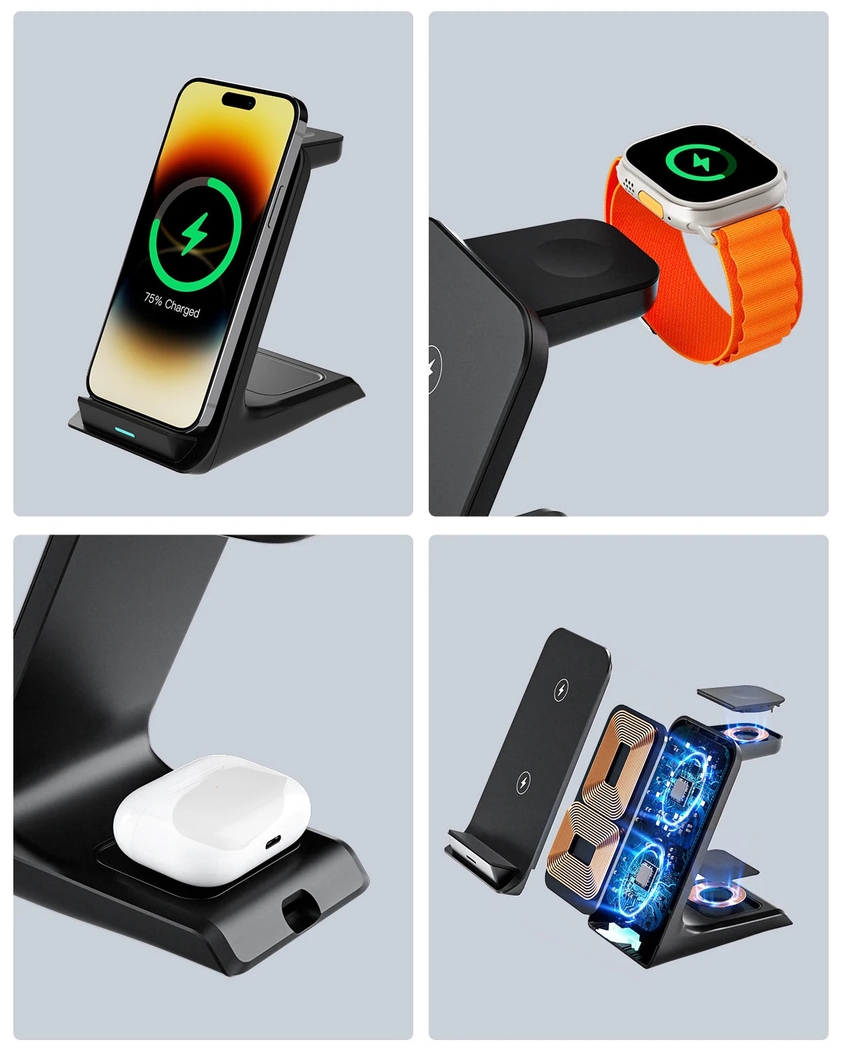 KPON 3 in 1 Wireless Charger Stand For iPhone 15/14/13/12 Pro Max15W Fast Charging Station for AppleWatch 9/8/7/6/5 Airpods 3/2